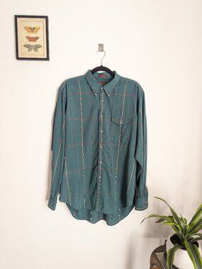 Vintage Nordstrom Plaid Button-Down Shirt Cotton Blend Teal Men's XL